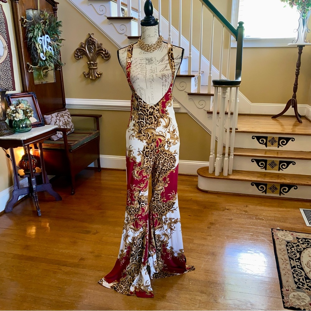 Festival leopard baroque print flare leg jumpsuit
